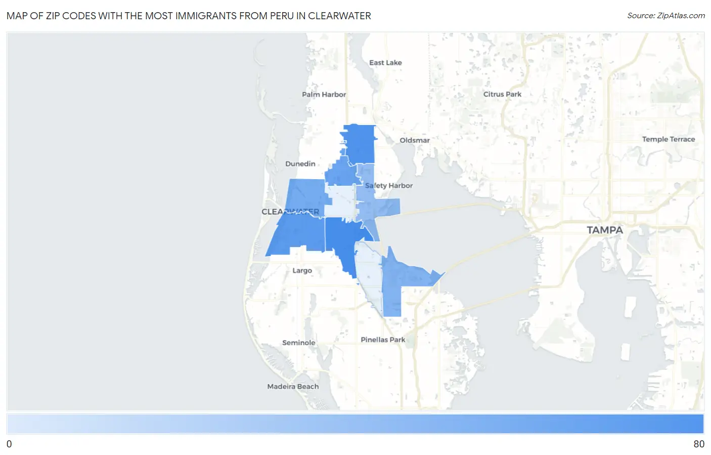 Zip Codes with the Most Immigrants from Peru in Clearwater Map