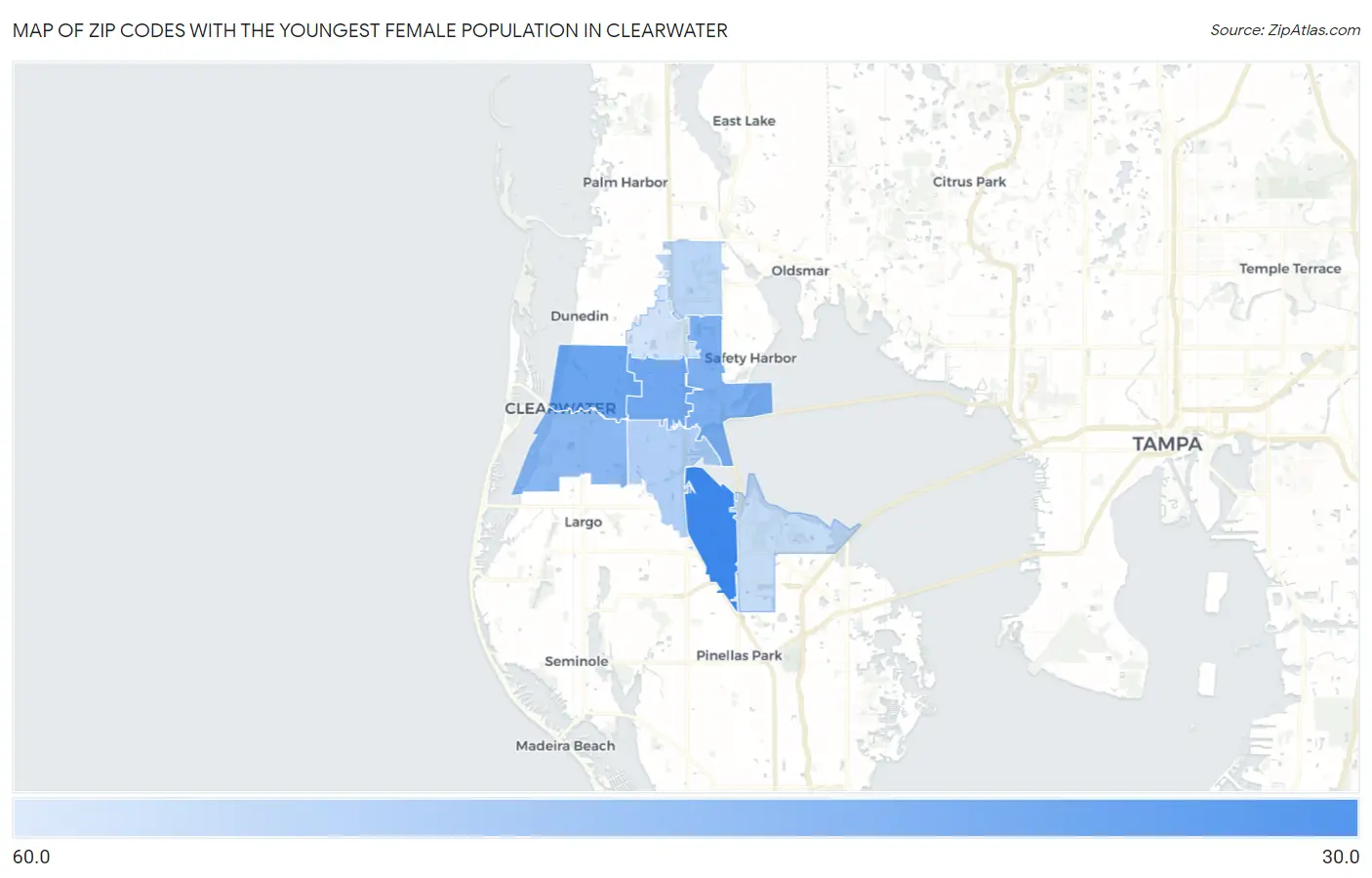 Zip Codes with the Youngest Female Population in Clearwater Map