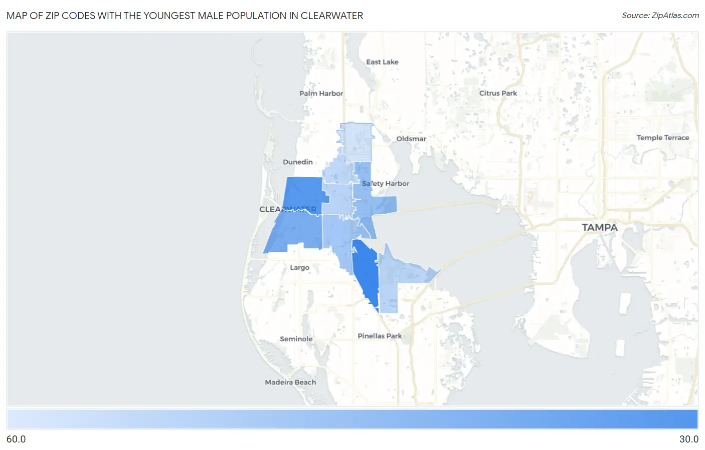 Zip Codes with the Youngest Male Population in Clearwater Map