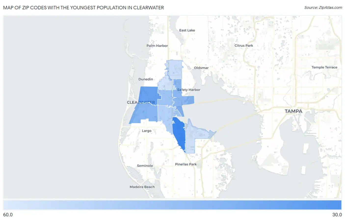 Zip Codes with the Youngest Population in Clearwater Map