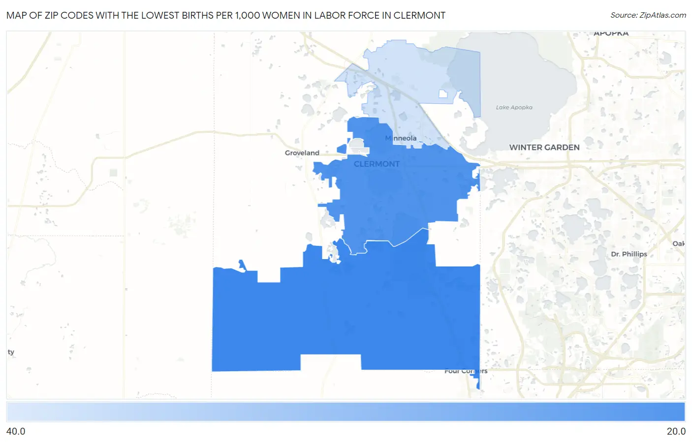 Zip Codes with the Lowest Births per 1,000 Women in Labor Force in Clermont Map