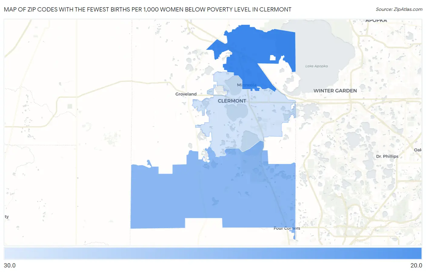 Zip Codes with the Fewest Births per 1,000 Women Below Poverty Level in Clermont Map