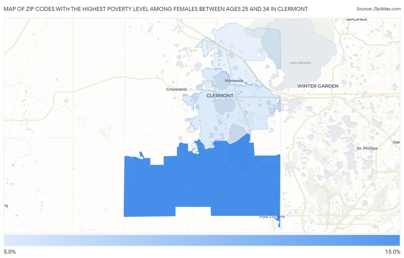 Zip Codes with the Highest Poverty Level Among Females Between Ages 25 and 34 in Clermont Map
