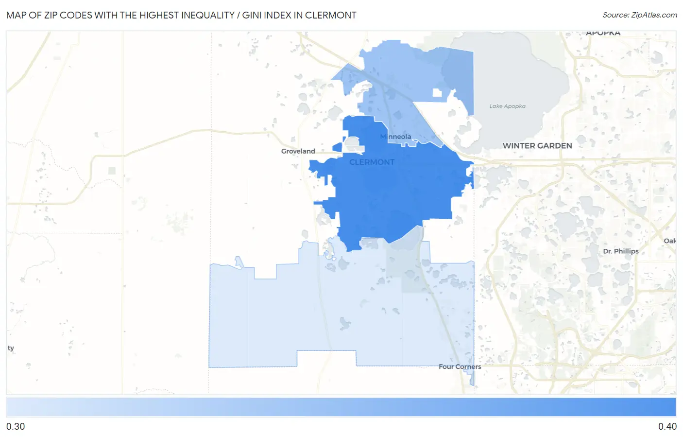 Zip Codes with the Highest Inequality / Gini Index in Clermont Map