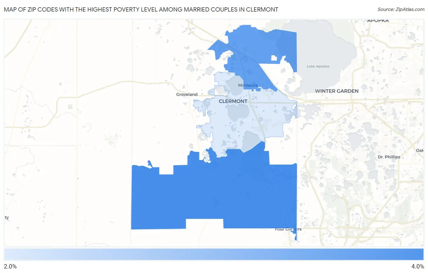 Zip Codes with the Highest Poverty Level Among Married Couples in Clermont Map