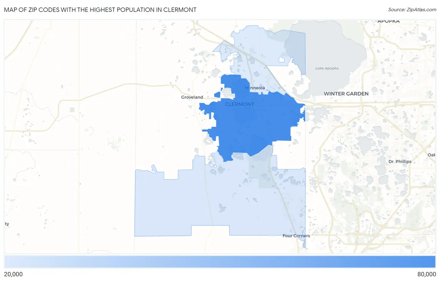Zip Codes with the Highest Population in Clermont Map