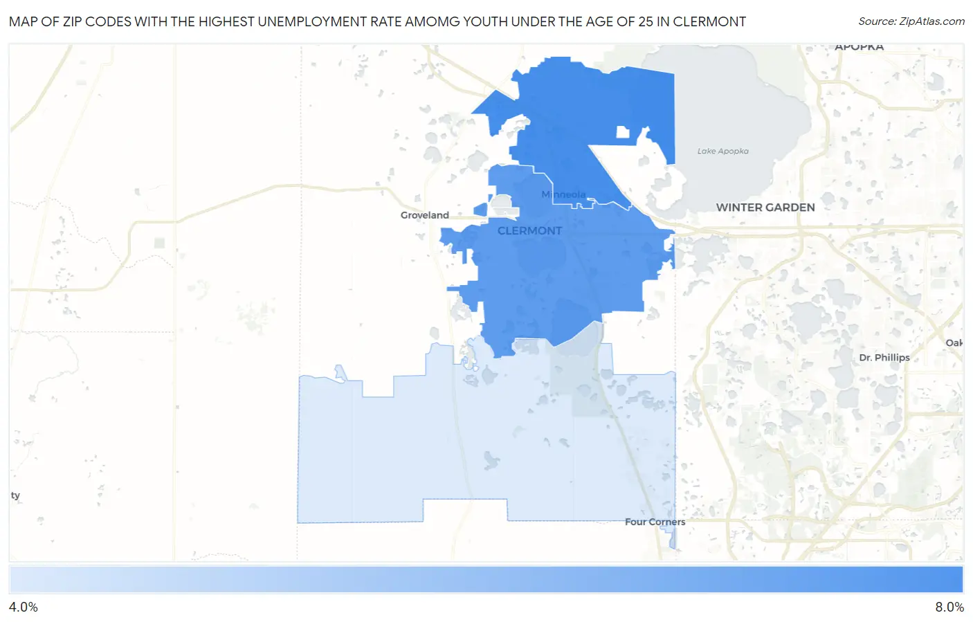 Zip Codes with the Highest Unemployment Rate Amomg Youth Under the Age of 25 in Clermont Map