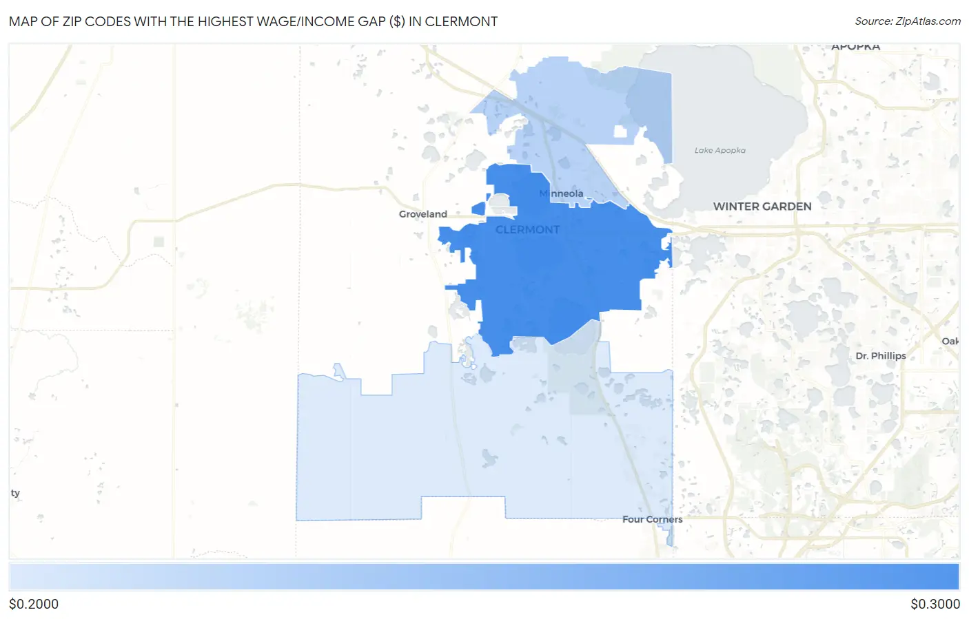 Zip Codes with the Highest Wage/Income Gap ($) in Clermont Map