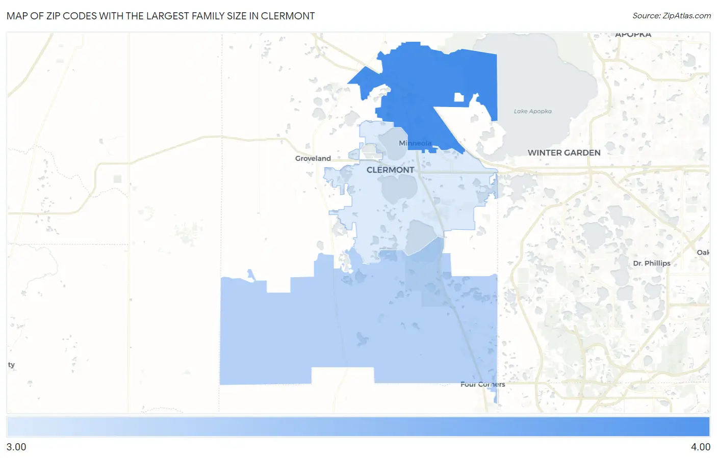 Zip Codes with the Largest Family Size in Clermont Map