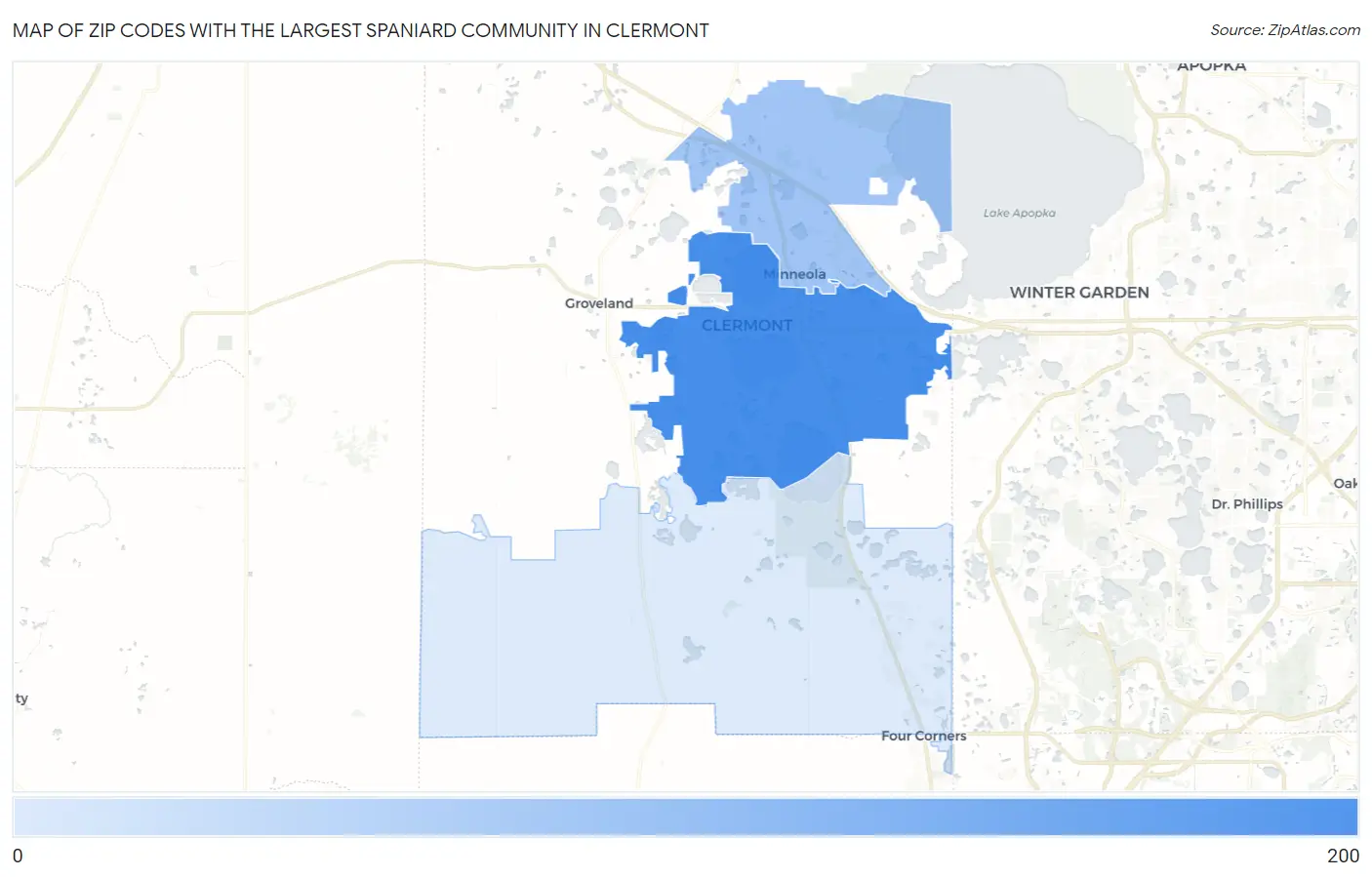 Zip Codes with the Largest Spaniard Community in Clermont Map