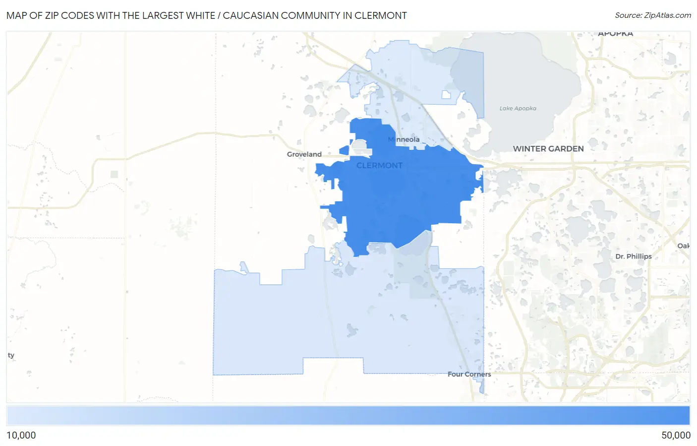 Zip Codes with the Largest White / Caucasian Community in Clermont Map