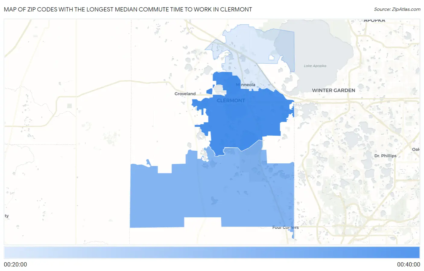 Zip Codes with the Longest Median Commute Time to Work in Clermont Map