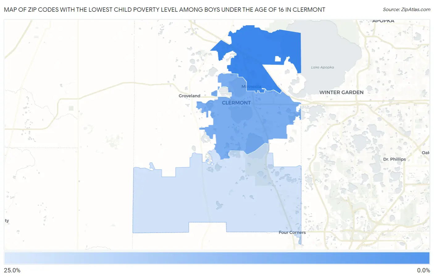 Zip Codes with the Lowest Child Poverty Level Among Boys Under the Age of 16 in Clermont Map
