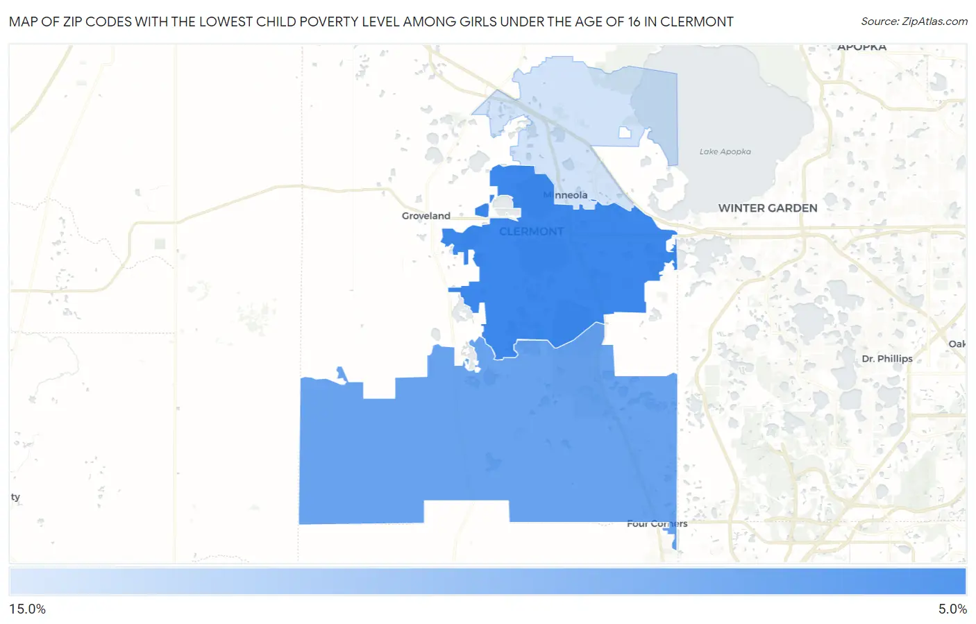 Zip Codes with the Lowest Child Poverty Level Among Girls Under the Age of 16 in Clermont Map