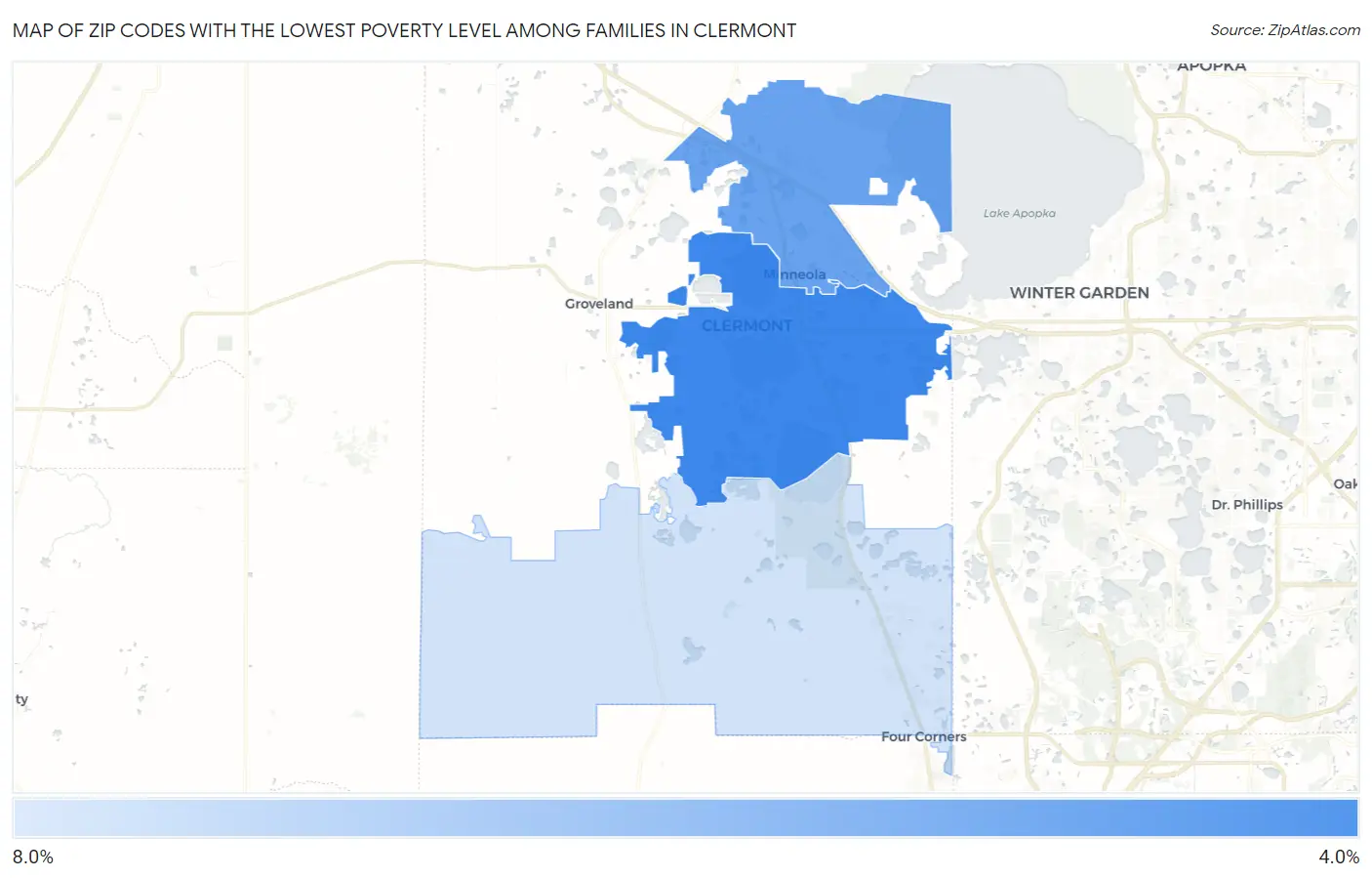 Zip Codes with the Lowest Poverty Level Among Families in Clermont Map