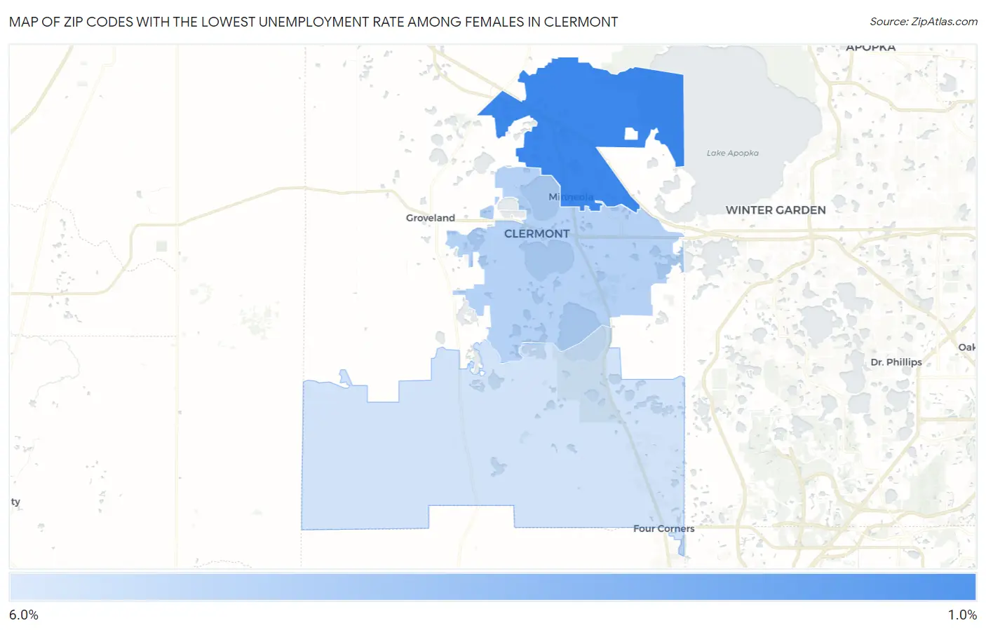 Zip Codes with the Lowest Unemployment Rate Among Females in Clermont Map