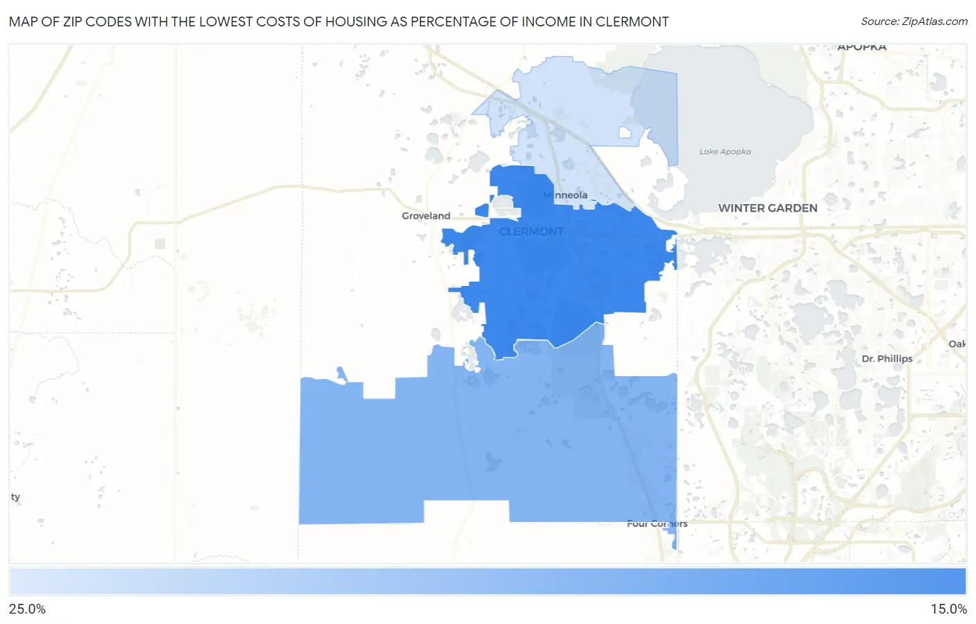 Zip Codes with the Lowest Costs of Housing as Percentage of Income in Clermont Map