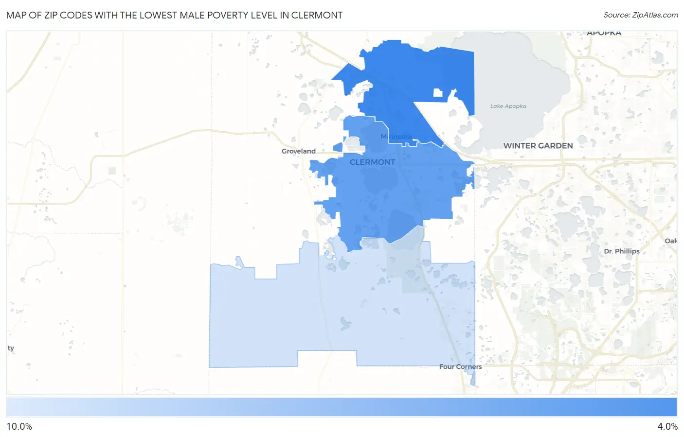 Zip Codes with the Lowest Male Poverty Level in Clermont Map
