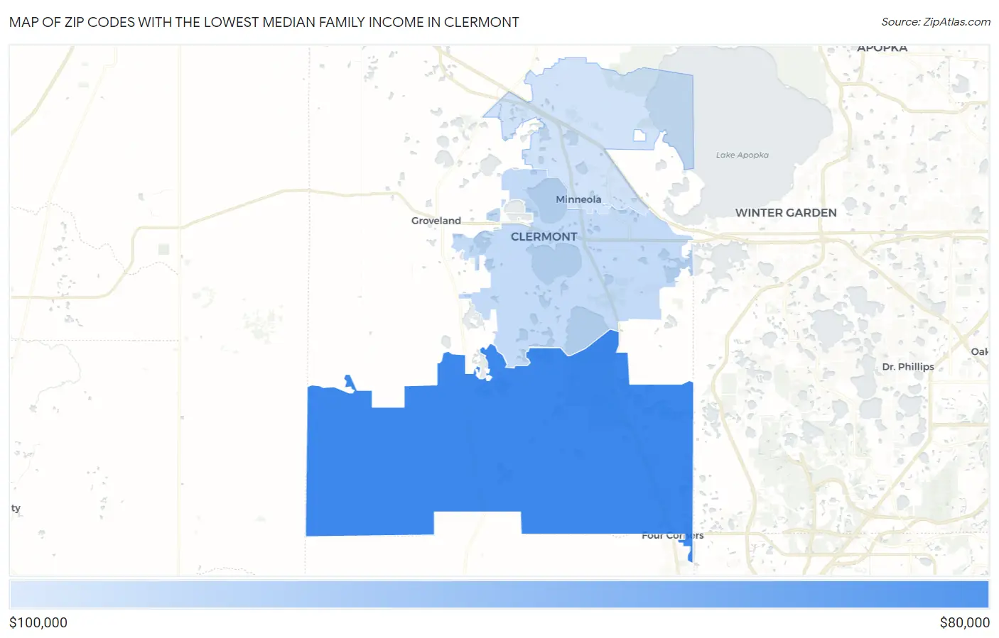 Zip Codes with the Lowest Median Family Income in Clermont Map