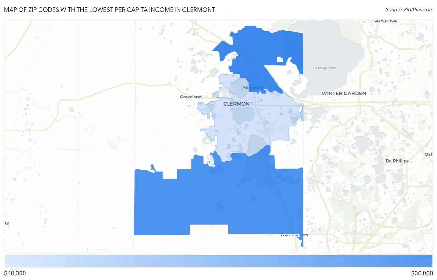 Zip Codes with the Lowest Per Capita Income in Clermont Map