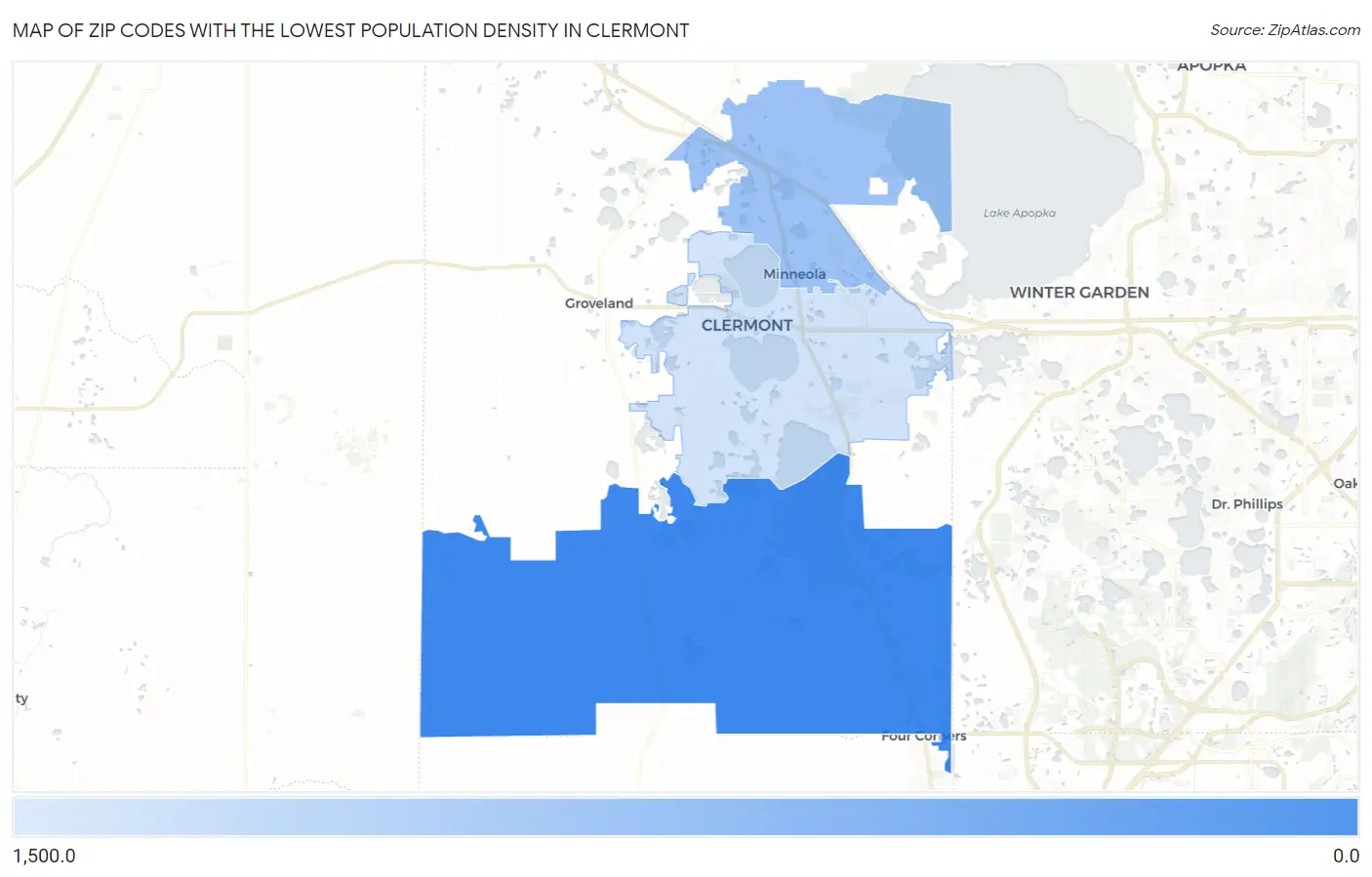 Zip Codes with the Lowest Population Density in Clermont Map