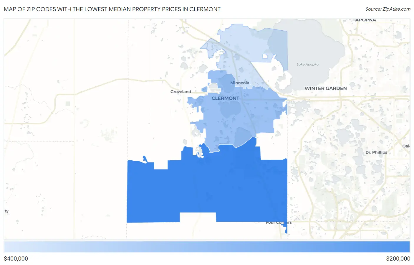 Zip Codes with the Lowest Median Property Prices in Clermont Map