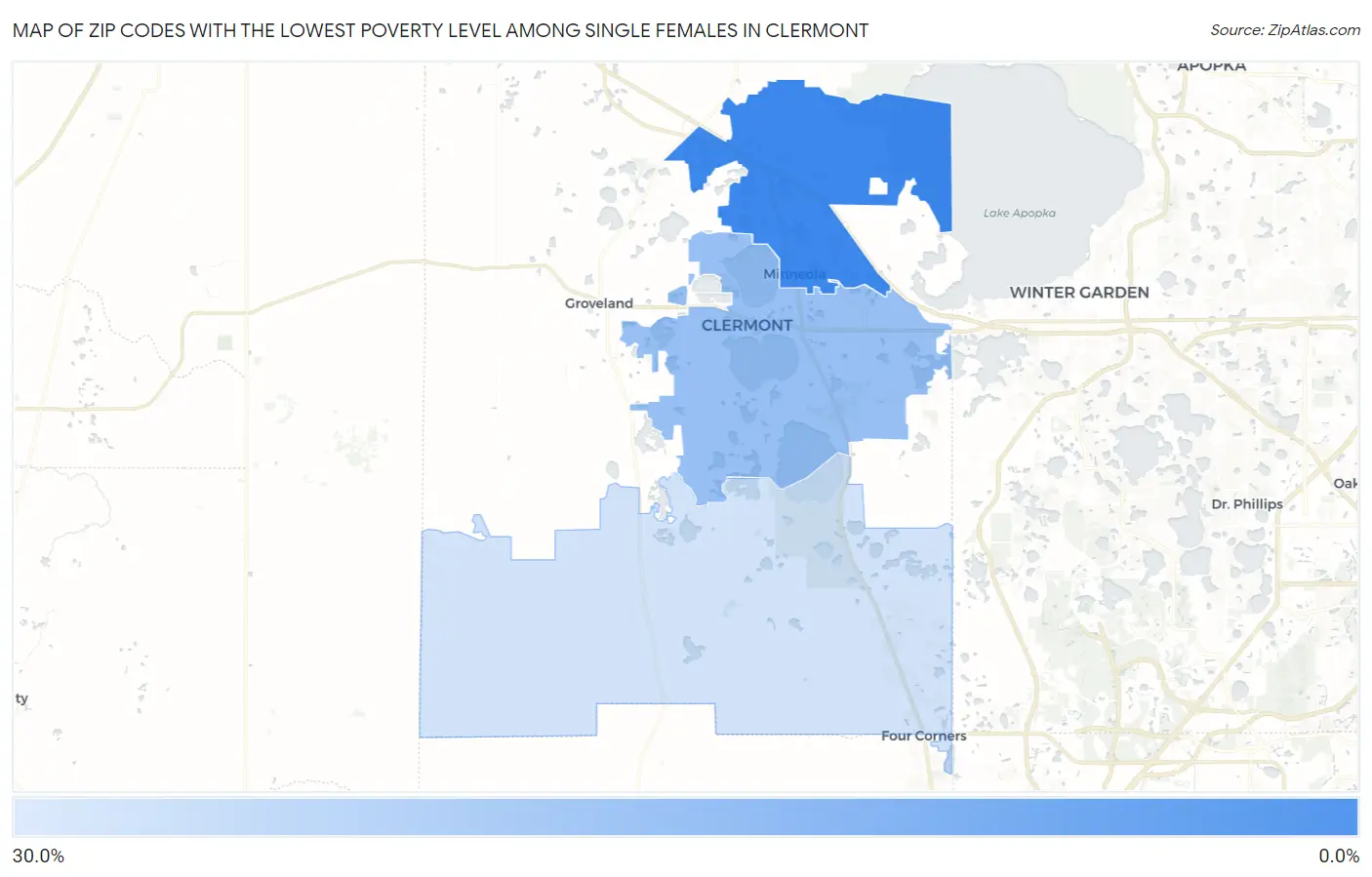 Zip Codes with the Lowest Poverty Level Among Single Females in Clermont Map