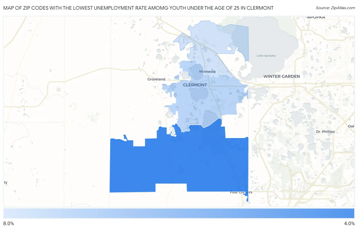 Zip Codes with the Lowest Unemployment Rate Amomg Youth Under the Age of 25 in Clermont Map