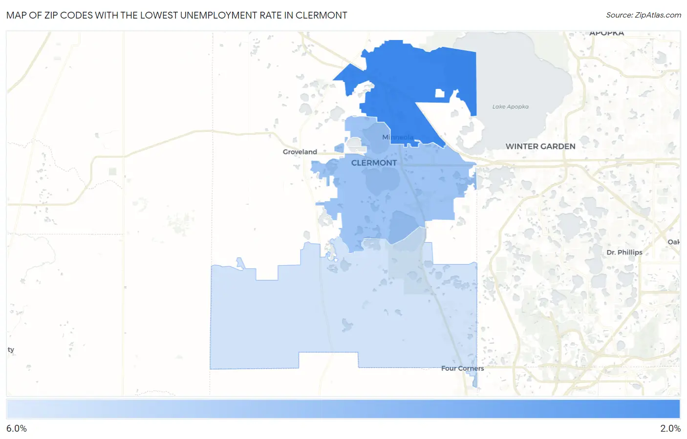 Zip Codes with the Lowest Unemployment Rate in Clermont Map