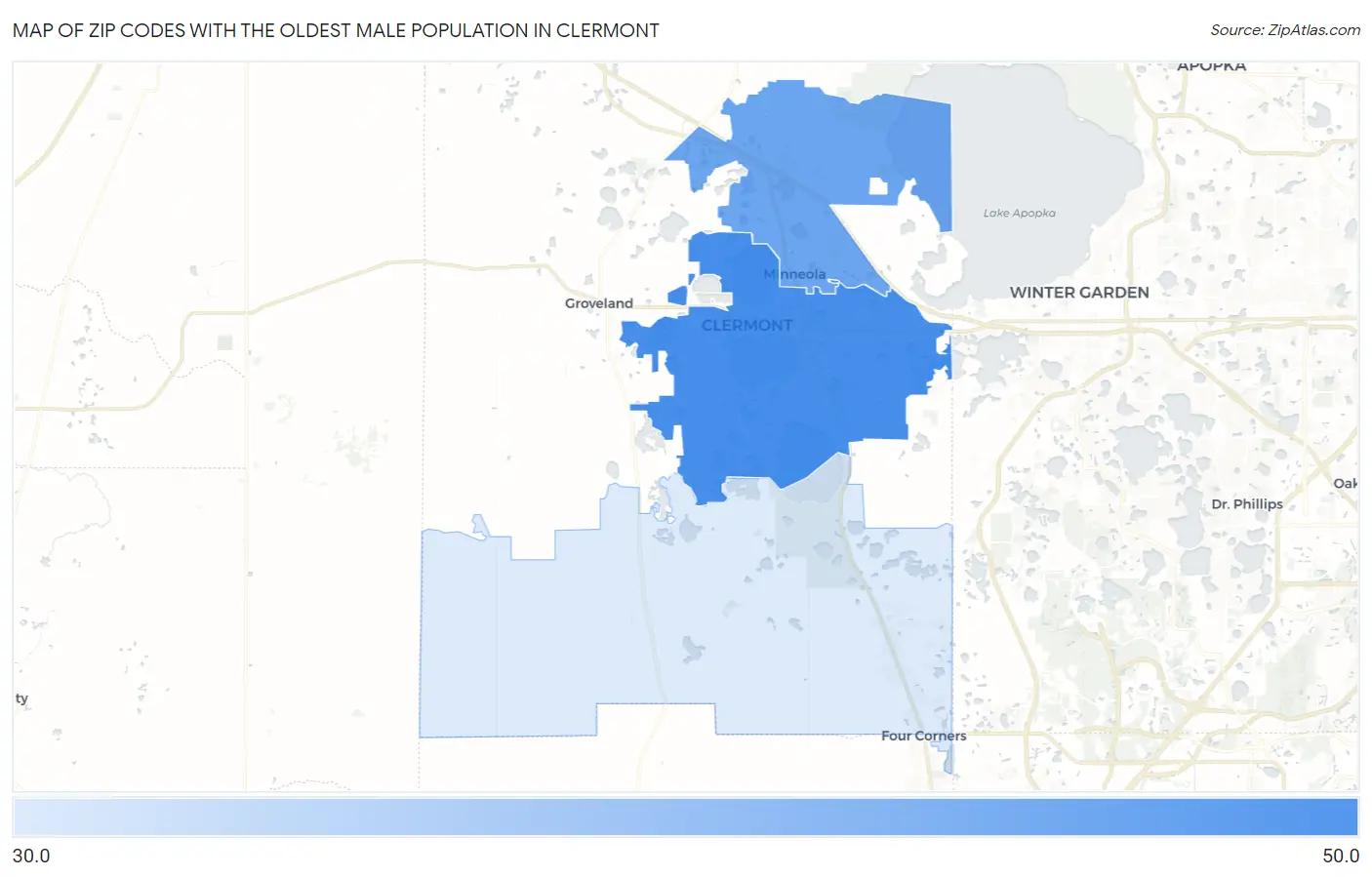 Zip Codes with the Oldest Male Population in Clermont Map
