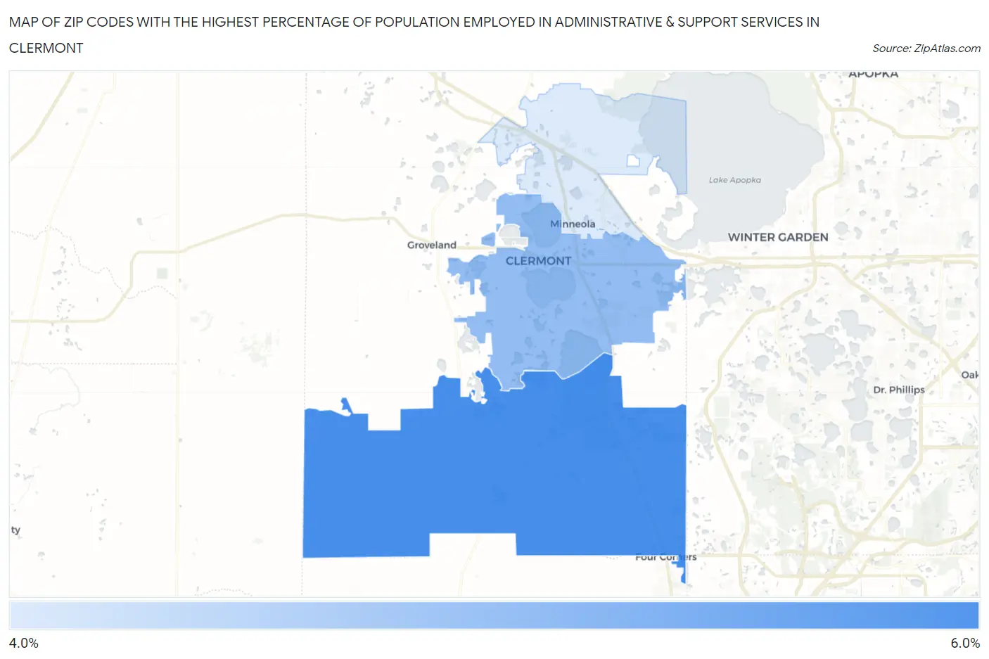 Zip Codes with the Highest Percentage of Population Employed in Administrative & Support Services in Clermont Map