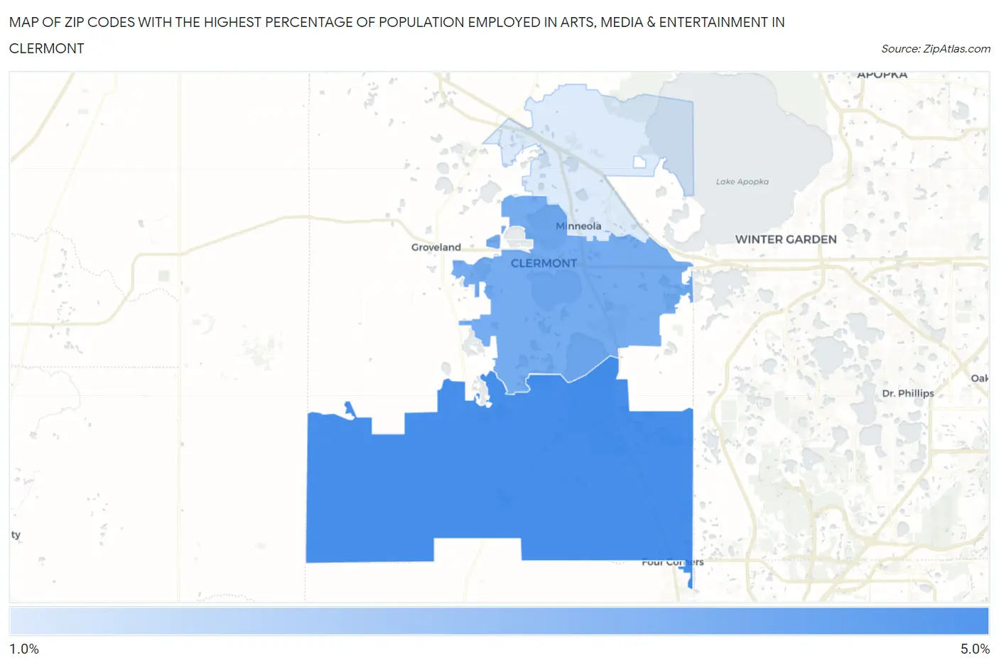 Zip Codes with the Highest Percentage of Population Employed in Arts, Media & Entertainment in Clermont Map