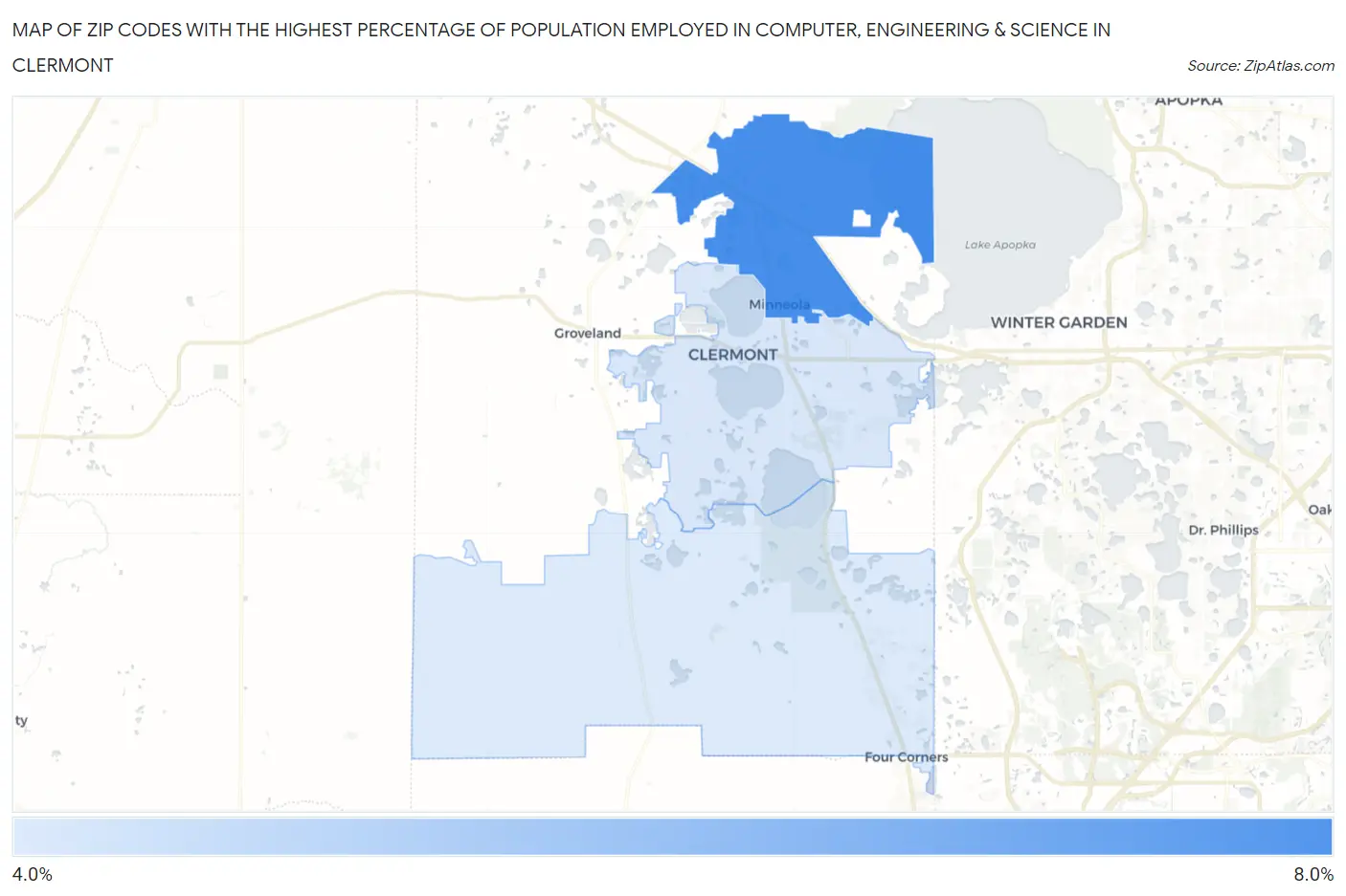 Zip Codes with the Highest Percentage of Population Employed in Computer, Engineering & Science in Clermont Map