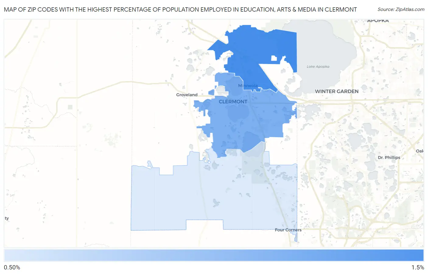 Zip Codes with the Highest Percentage of Population Employed in Education, Arts & Media in Clermont Map