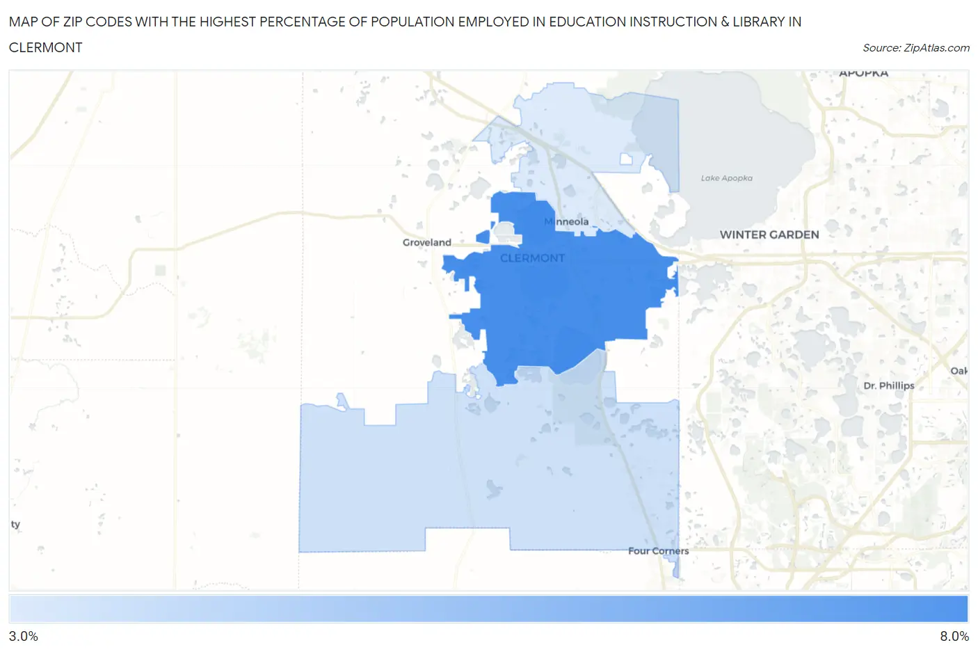 Zip Codes with the Highest Percentage of Population Employed in Education Instruction & Library in Clermont Map