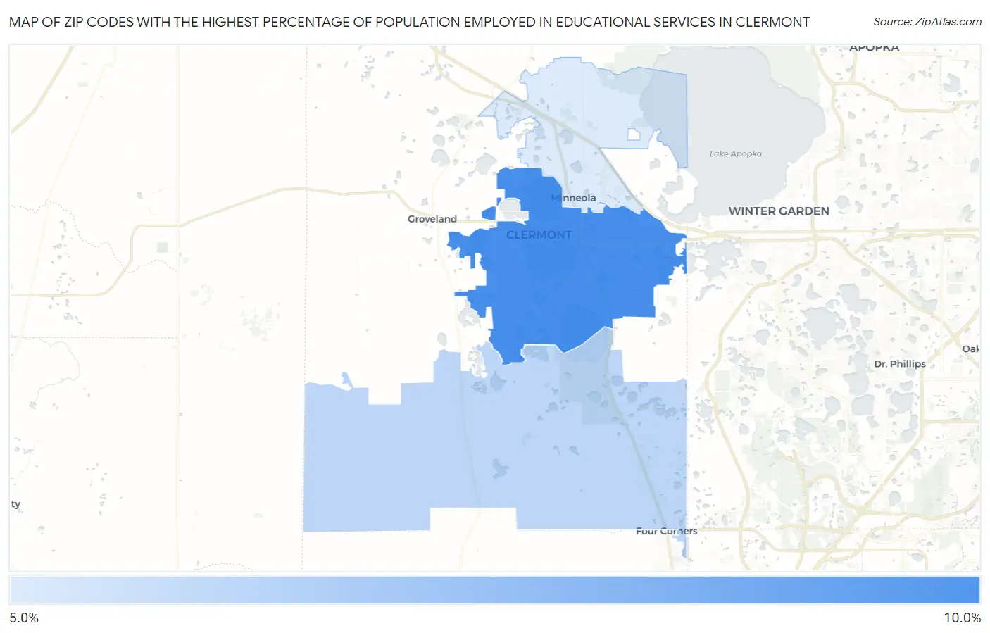 Zip Codes with the Highest Percentage of Population Employed in Educational Services in Clermont Map