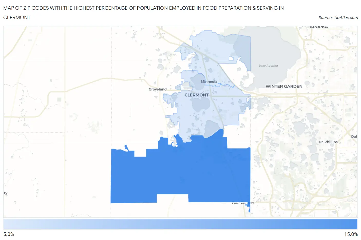 Zip Codes with the Highest Percentage of Population Employed in Food Preparation & Serving in Clermont Map
