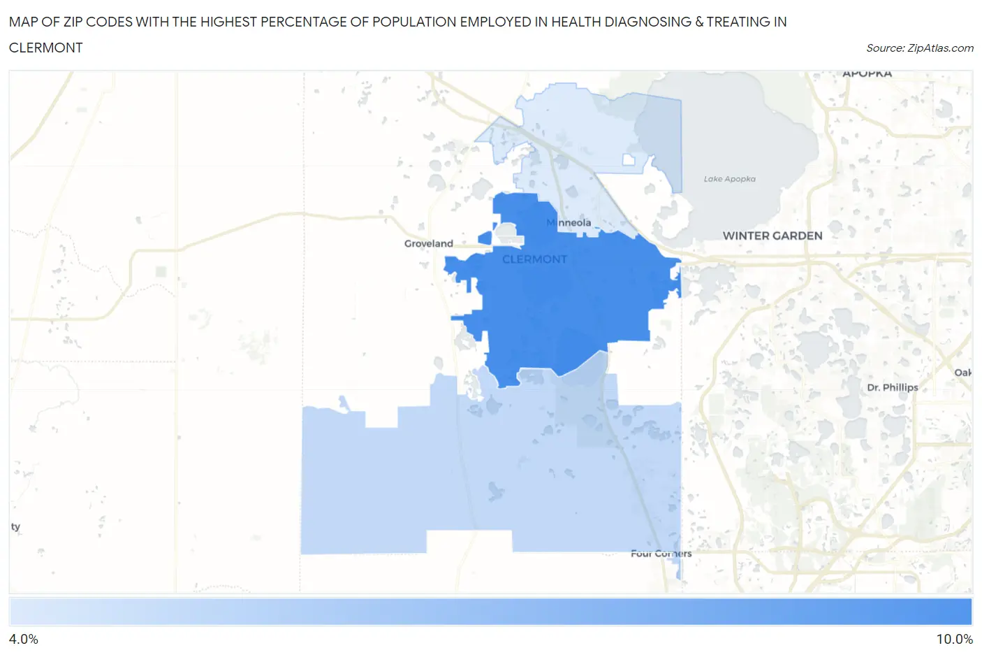 Zip Codes with the Highest Percentage of Population Employed in Health Diagnosing & Treating in Clermont Map