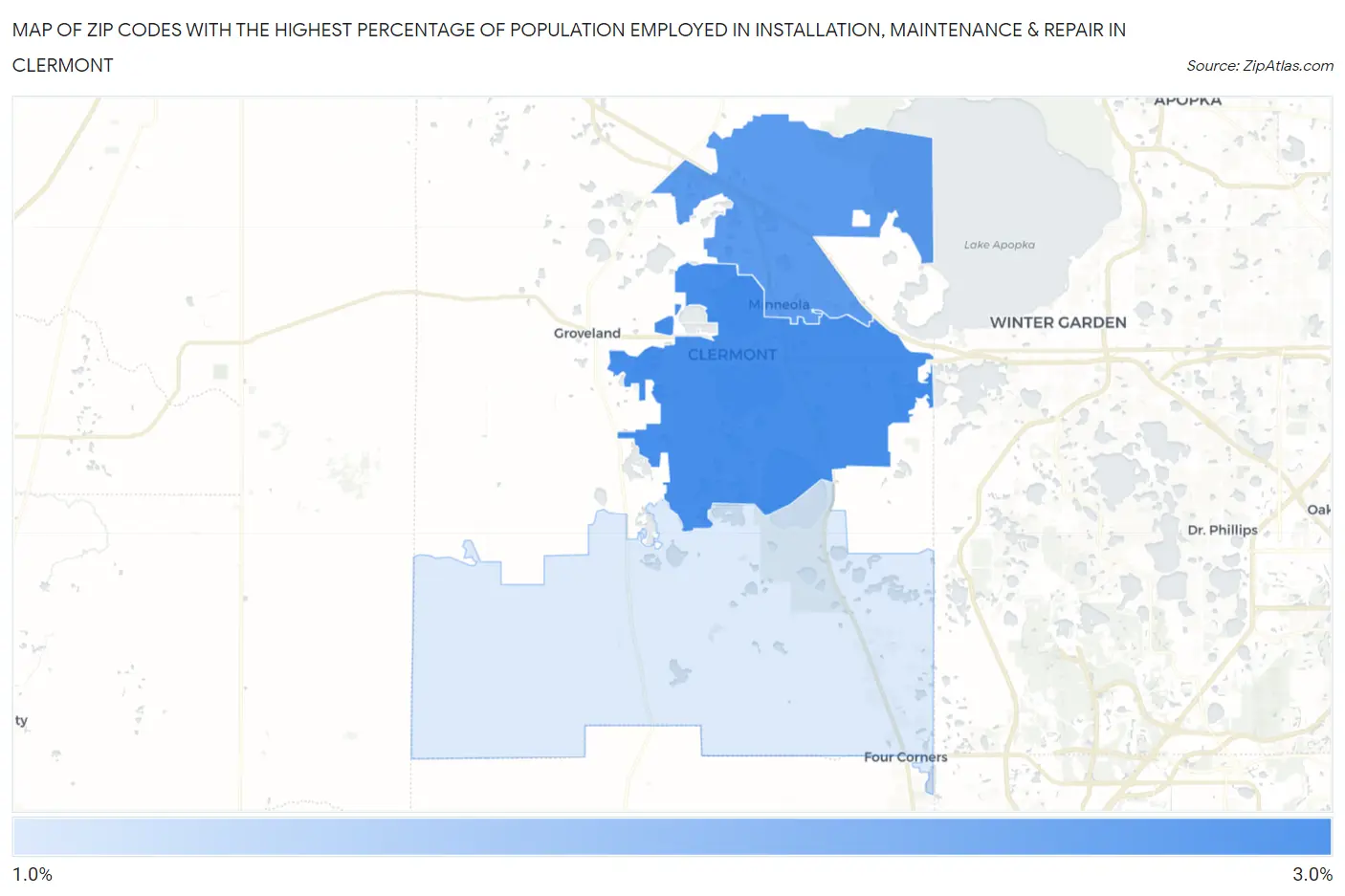 Zip Codes with the Highest Percentage of Population Employed in Installation, Maintenance & Repair in Clermont Map