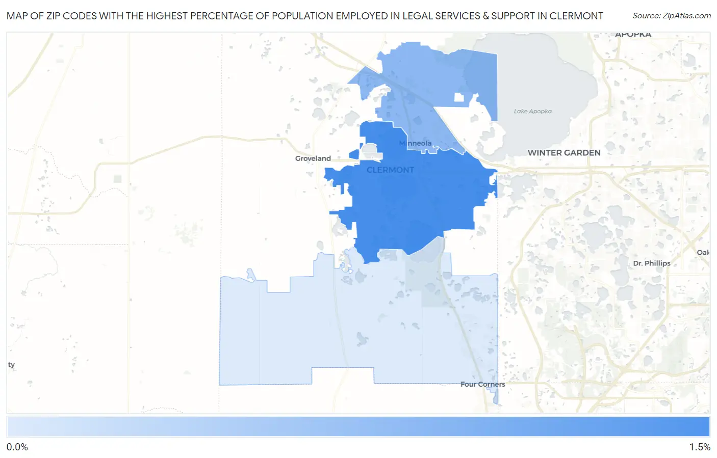 Zip Codes with the Highest Percentage of Population Employed in Legal Services & Support in Clermont Map