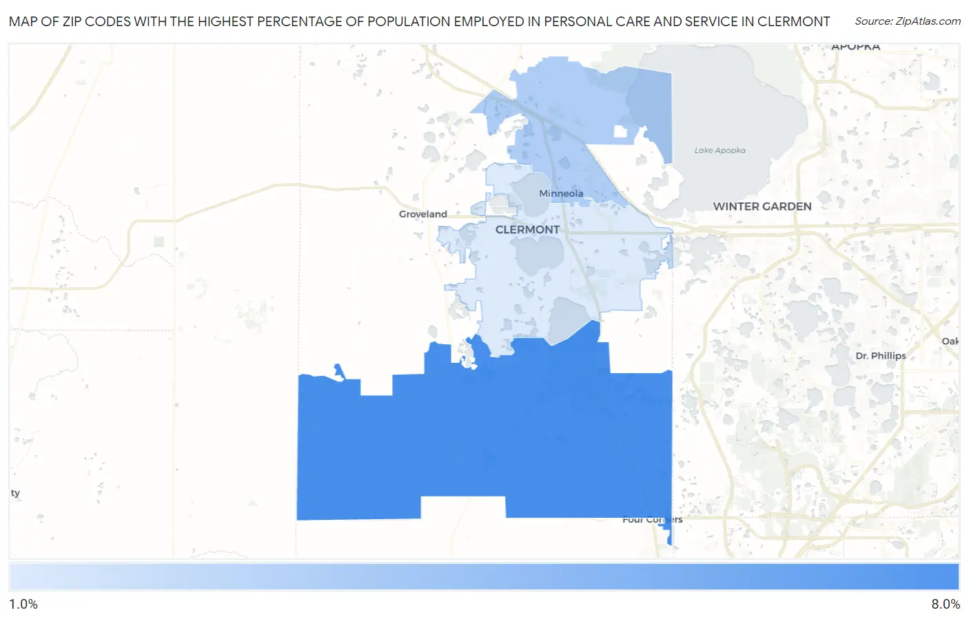 Zip Codes with the Highest Percentage of Population Employed in Personal Care and Service in Clermont Map