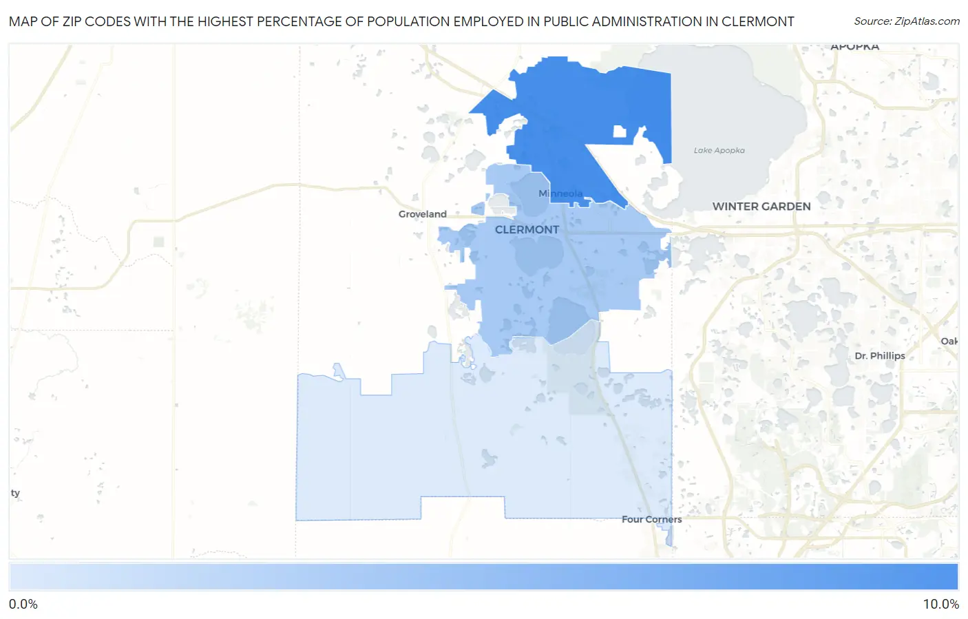 Zip Codes with the Highest Percentage of Population Employed in Public Administration in Clermont Map