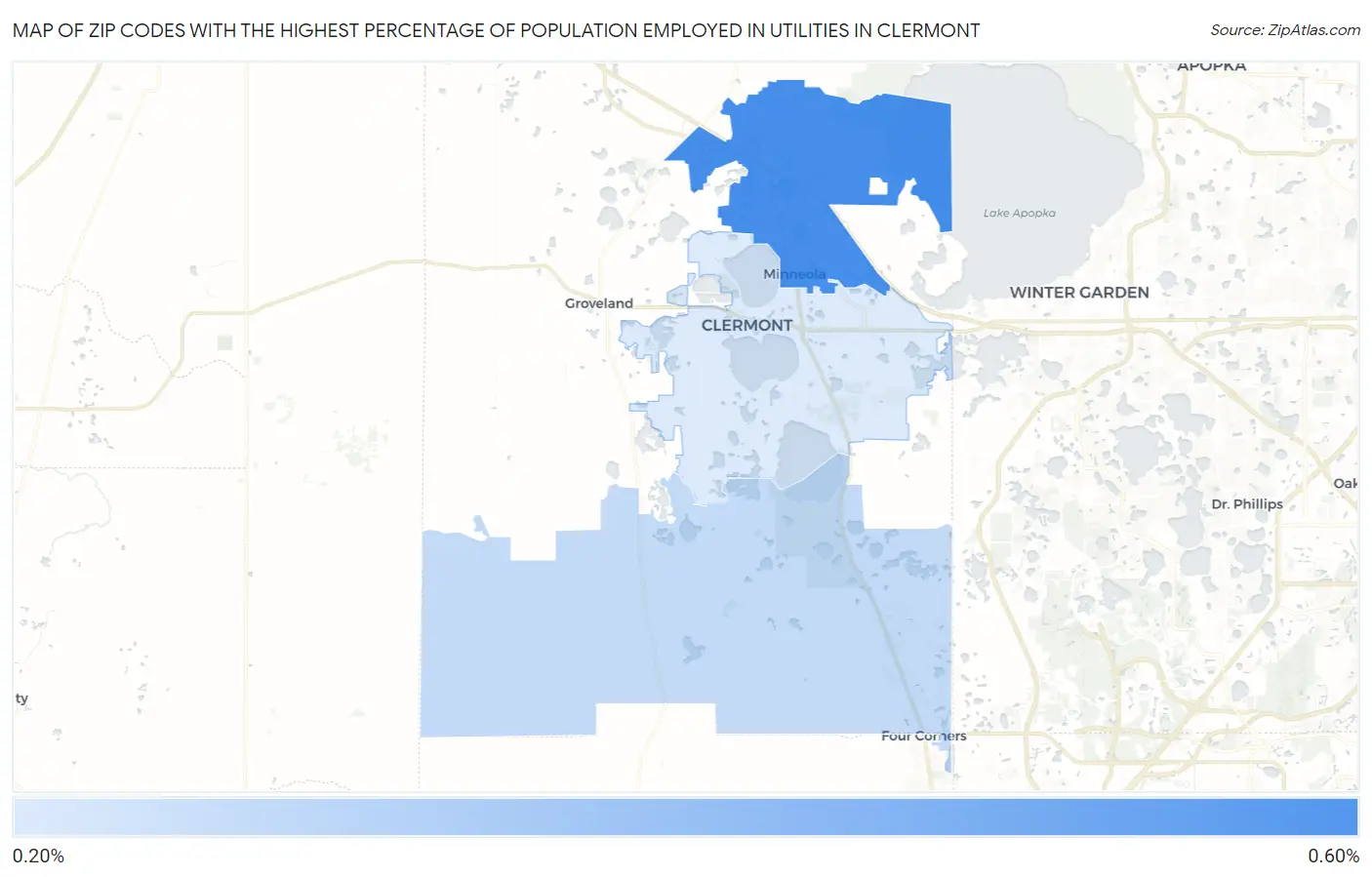 Zip Codes with the Highest Percentage of Population Employed in Utilities in Clermont Map