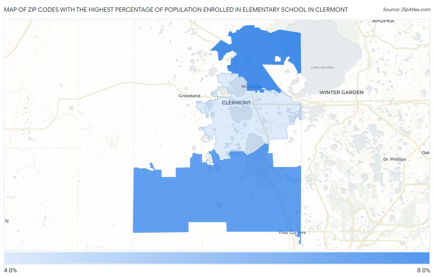 Zip Codes with the Highest Percentage of Population Enrolled in Elementary School in Clermont Map