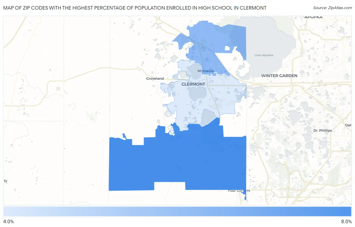 Zip Codes with the Highest Percentage of Population Enrolled in High School in Clermont Map