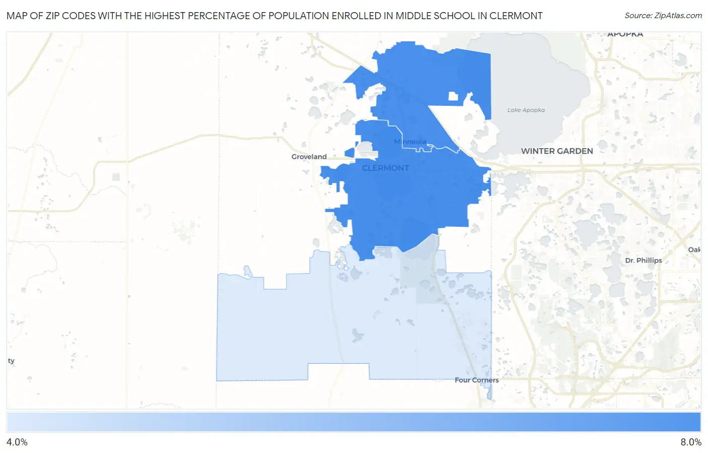 Zip Codes with the Highest Percentage of Population Enrolled in Middle School in Clermont Map