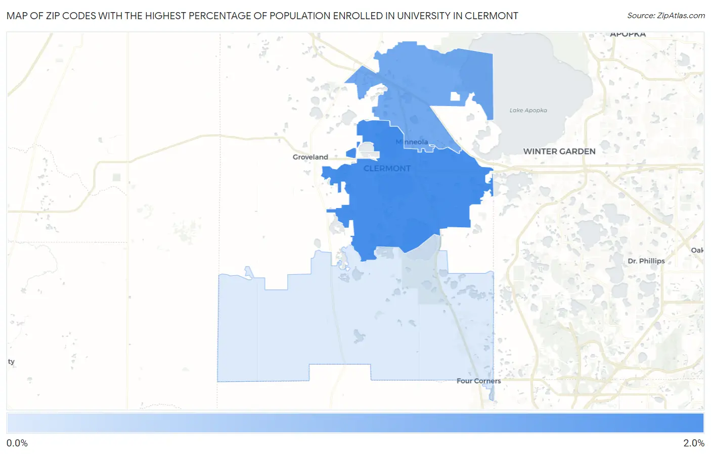 Zip Codes with the Highest Percentage of Population Enrolled in University in Clermont Map