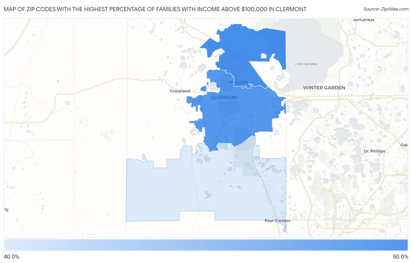 Zip Codes with the Highest Percentage of Families with Income Above $100,000 in Clermont Map