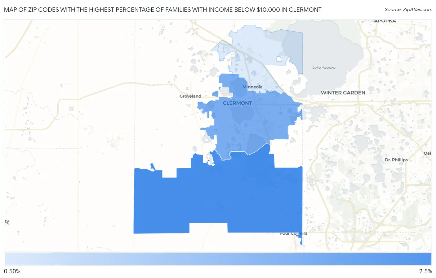 Zip Codes with the Highest Percentage of Families with Income Below $10,000 in Clermont Map
