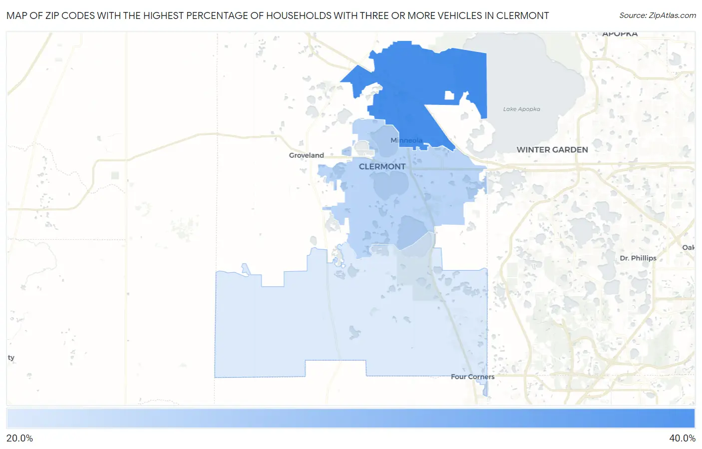 Zip Codes with the Highest Percentage of Households With Three or more Vehicles in Clermont Map
